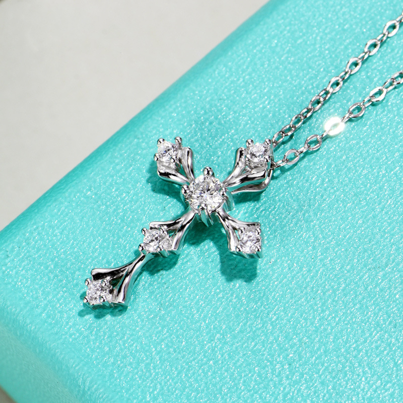 Moissanite Cross Design Necklace in Sterling Silver-Sterling Silver-lornajewelry