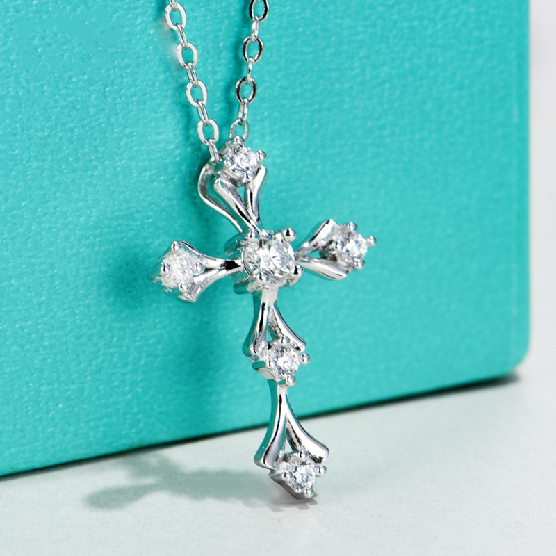 Moissanite Cross Design Necklace in Sterling Silver-Sterling Silver-lornajewelry