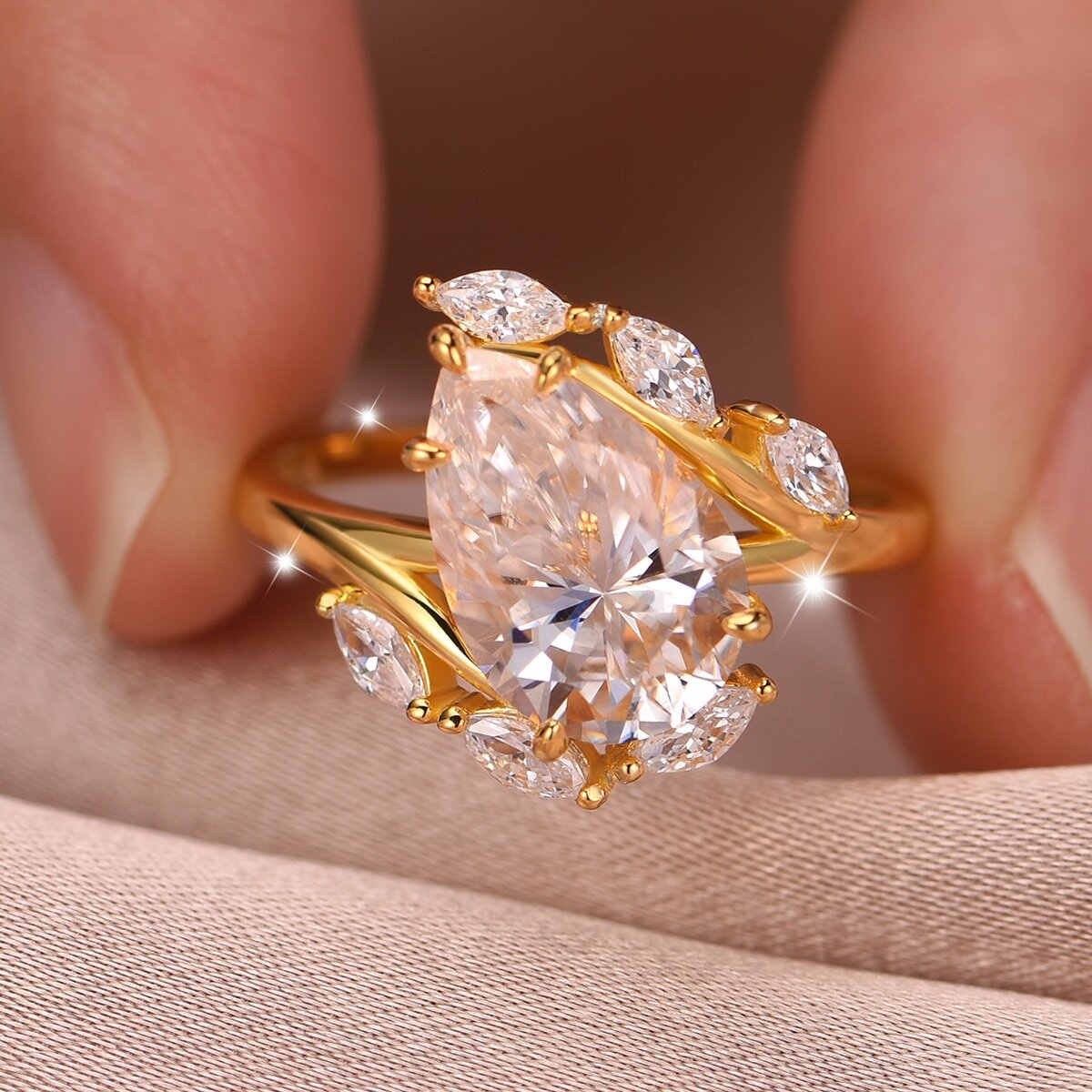 4Ct Moissanite Pear Cut Side Stone Luxurious Design Engagement Ring in Sterling Silver-Sterling Silver-lornajewelry
