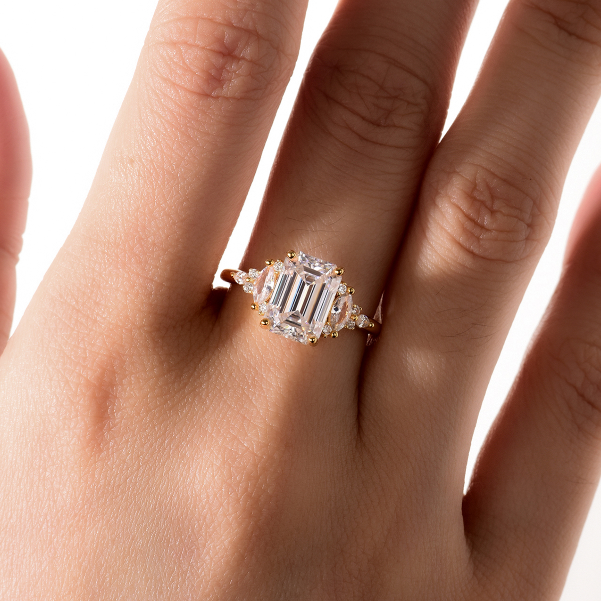 3Ct Moissanite Emerald Cut Side Stone Refined Design Engagement Ring in Sterling Silver-Sterling Silver-lornajewelry