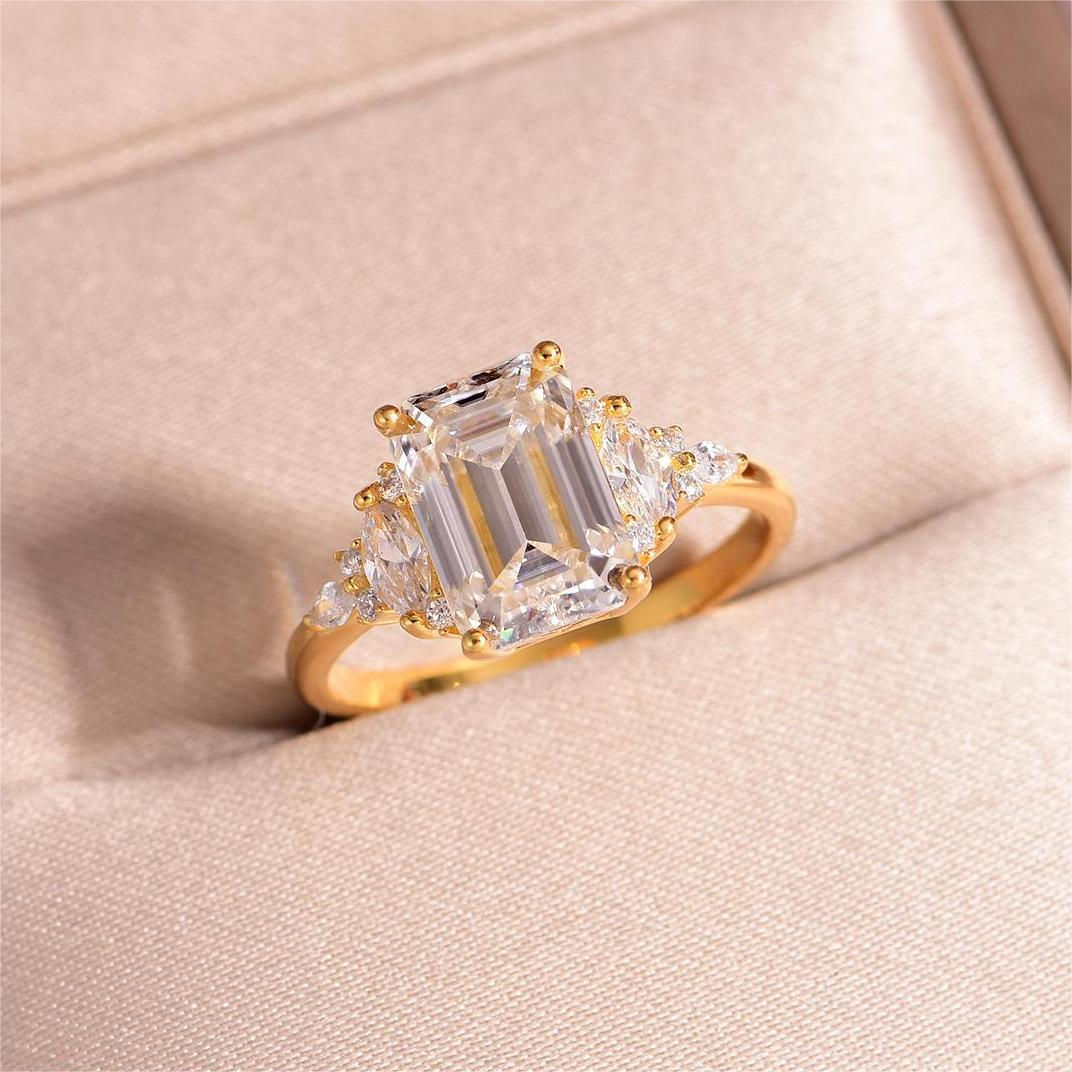 3Ct Moissanite Emerald Cut Side Stone Refined Design Engagement Ring in Sterling Silver-Sterling Silver-lornajewelry