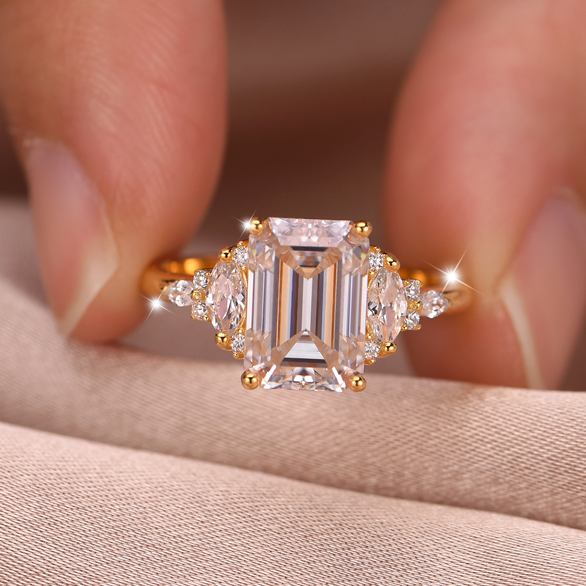 3Ct Moissanite Emerald Cut Side Stone Refined Design Engagement Ring in Sterling Silver-Sterling Silver-lornajewelry