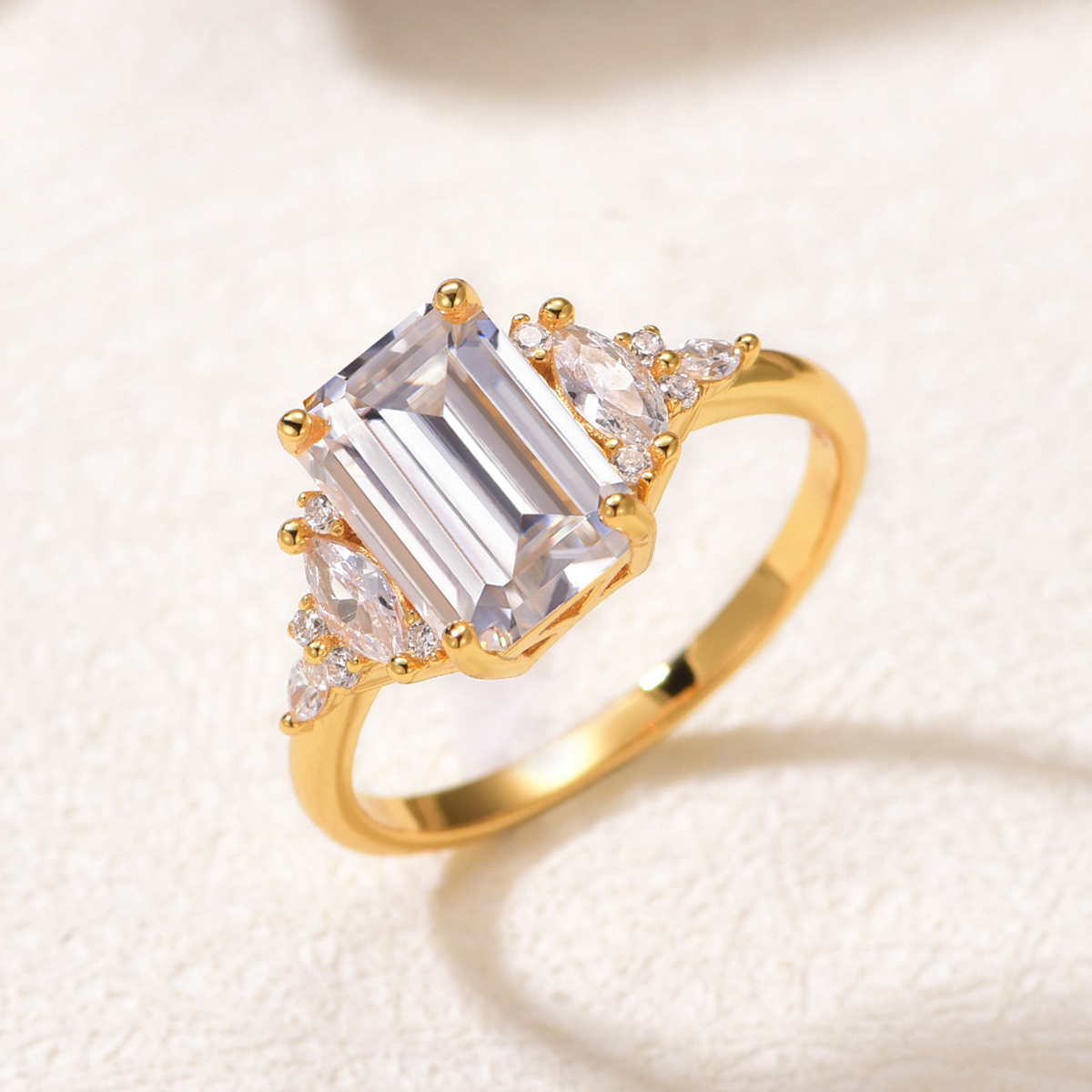 3Ct Moissanite Emerald Cut Side Stone Refined Design Engagement Ring in Sterling Silver-Sterling Silver-lornajewelry