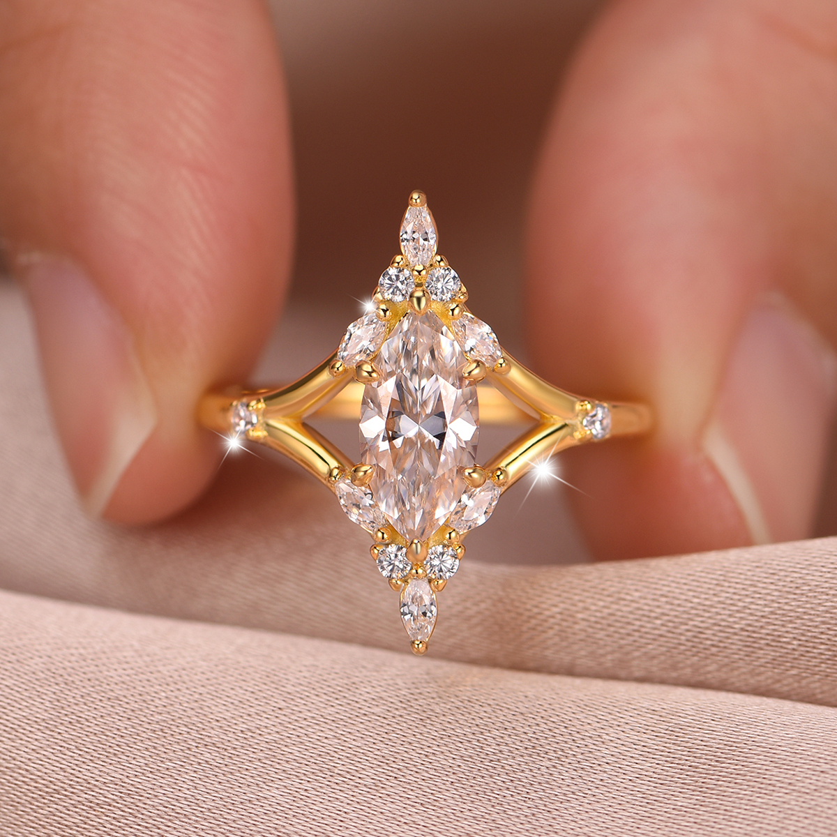 1Ct Moissanite Marquise Cut Split Shank Romantic Design Engagement Ring in Sterling Silver-Sterling Silver-lornajewelry