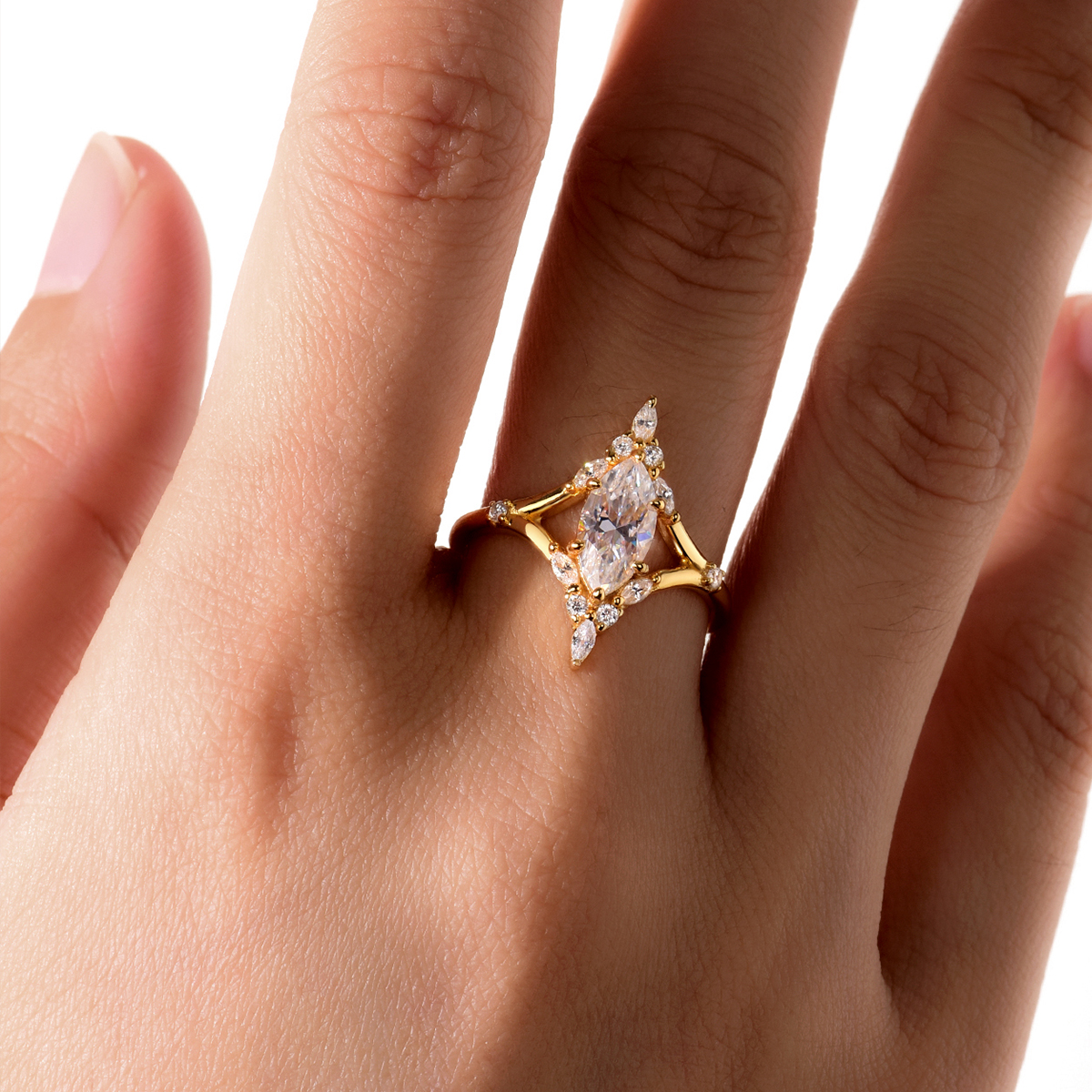 1Ct Moissanite Marquise Cut Split Shank Romantic Design Engagement Ring in Sterling Silver-Sterling Silver-lornajewelry