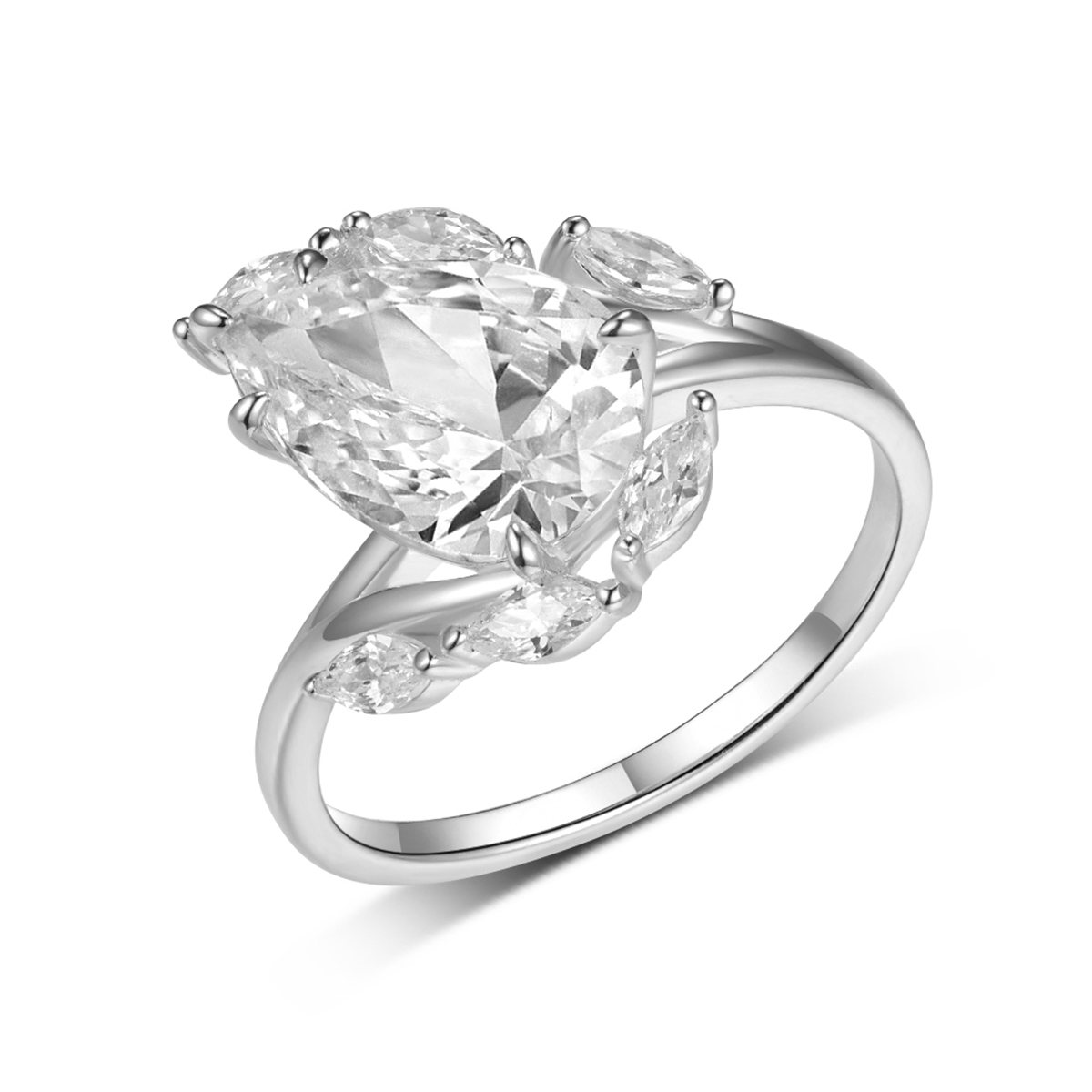 4Ct Moissanite Pear Cut Side Stone Luxurious Design Engagement Ring in Sterling Silver-Sterling Silver-lornajewelry