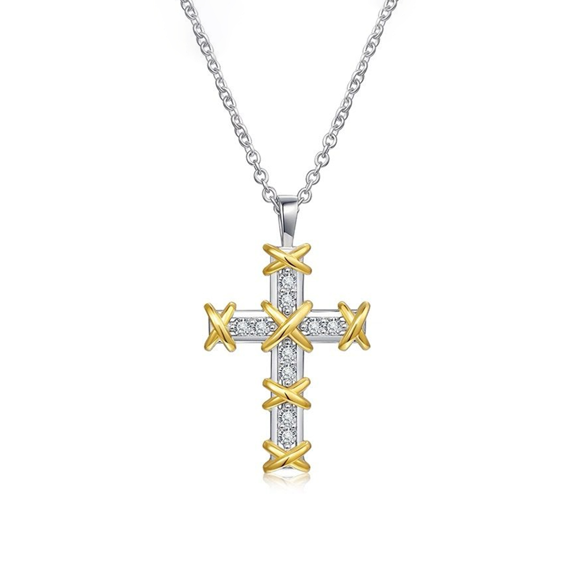 Moissanite Two Tone Cross Design Necklace in Sterling Silver-Sterling Silver-lornajewelry