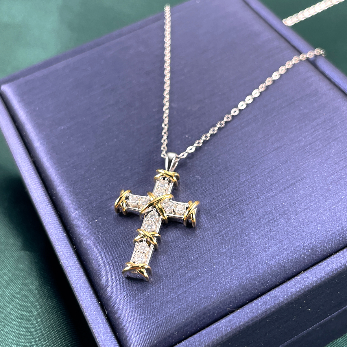 Moissanite Two Tone Cross Design Necklace in Sterling Silver-Sterling Silver-lornajewelry