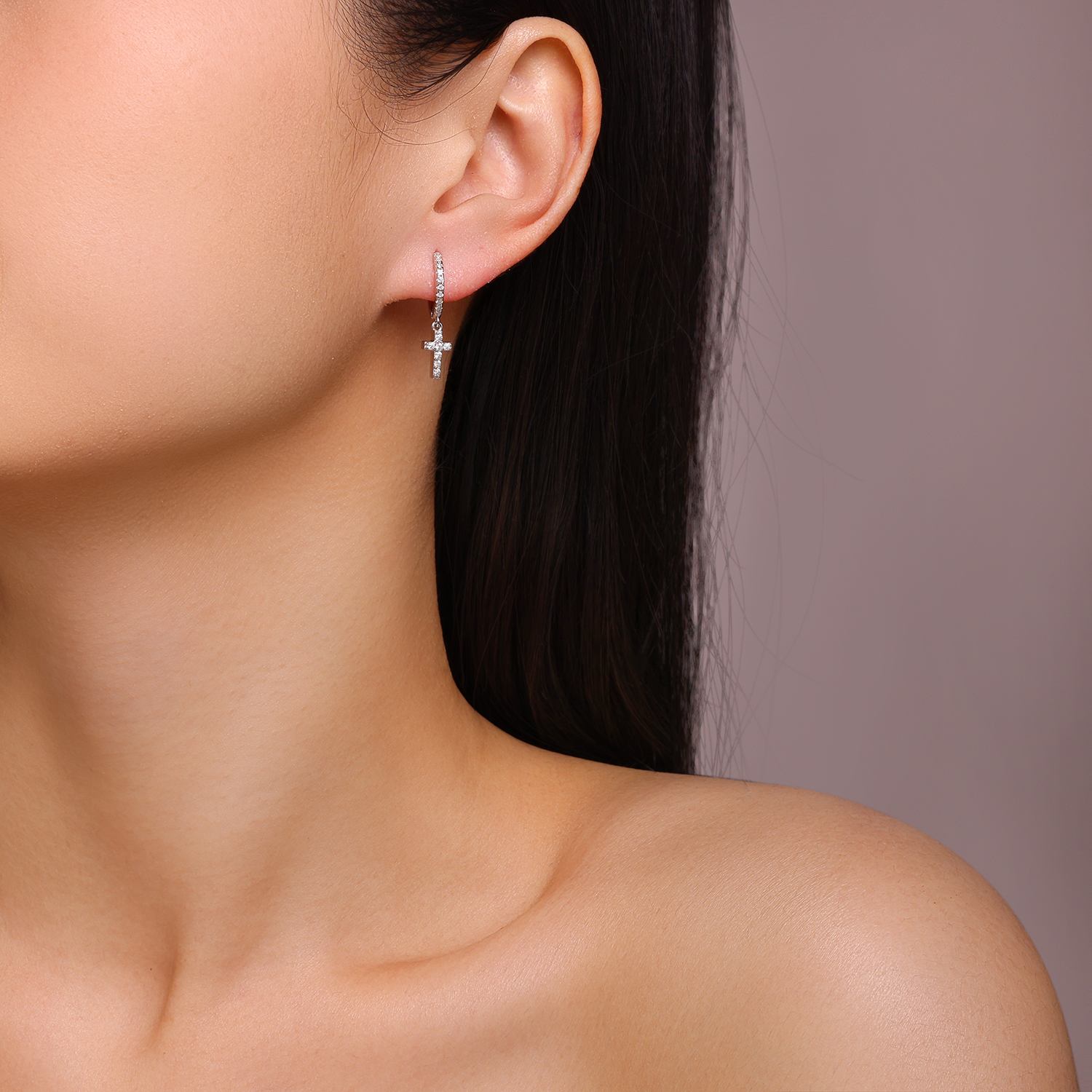 Moissanite Full Pave Cross Design Earrings in Sterling Silver-Sterling Silver-lornajewelry