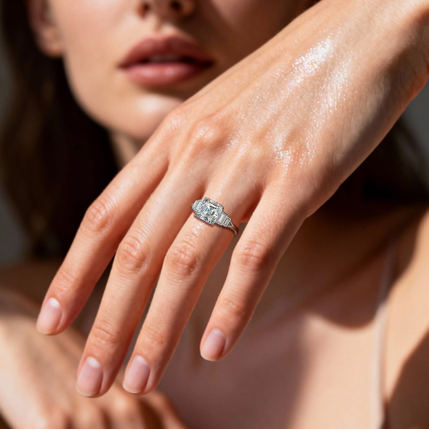 3Ct Moissanite Asscher Cut Side Stone Chic Design Engagement Ring in Sterling Silver-Sterling Silver-lornajewelry