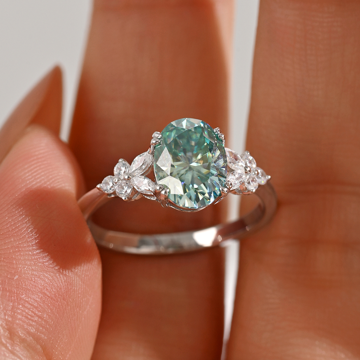 2Ct Green Moissanite Oval Cut Side Stone Floral Elegant Design Engagement Ring in Sterling Silver-Sterling Silver-lornajewelry
