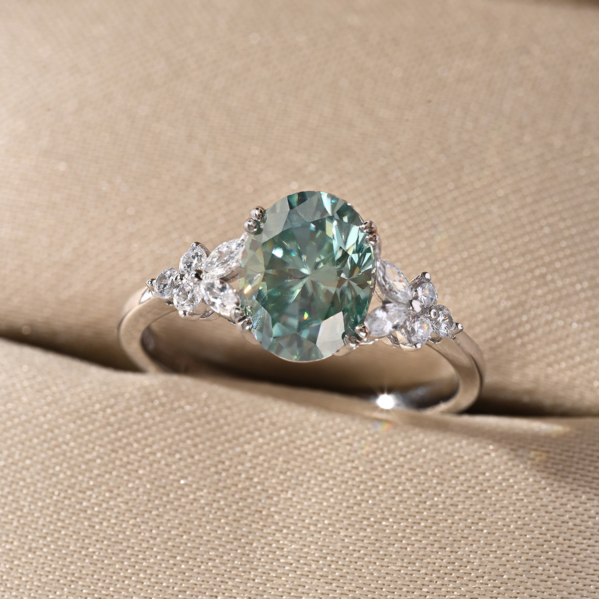 2Ct Green Moissanite Oval Cut Side Stone Floral Elegant Design Engagement Ring in Sterling Silver-Sterling Silver-lornajewelry