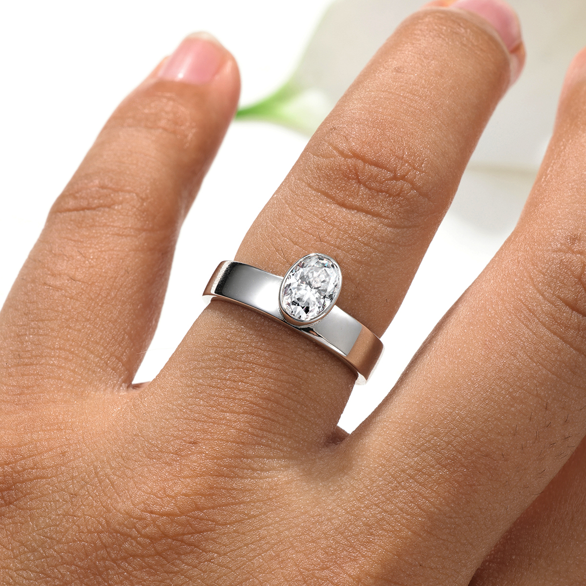 1Ct Moissanite Oval Cut Minimalist Solitaire Bezel with Elegant Design Engagement Ring in Sterling Silver-Sterling Silver-lornajewelry