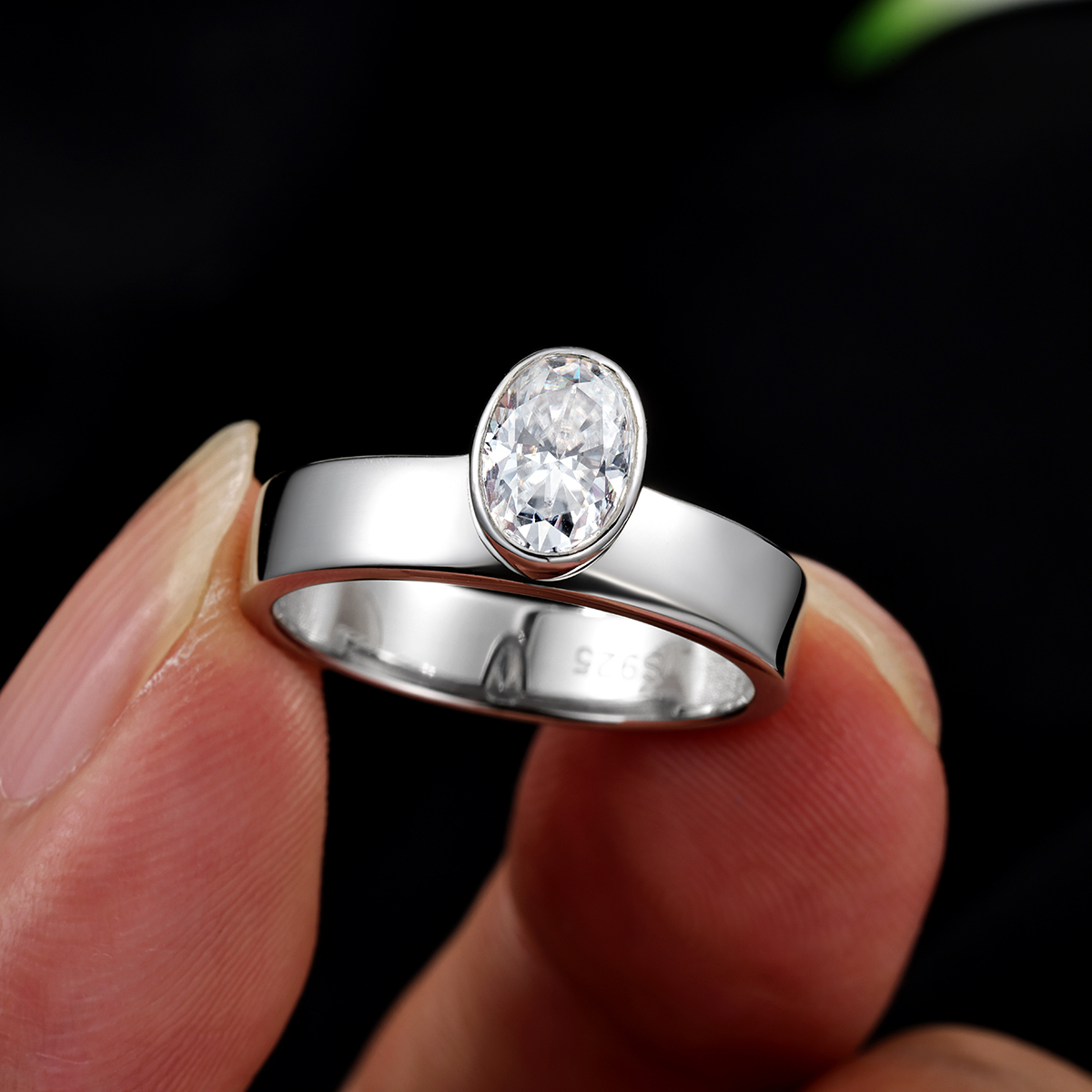 1Ct Moissanite Oval Cut Minimalist Solitaire Bezel with Elegant Design Engagement Ring in Sterling Silver-Sterling Silver-lornajewelry
