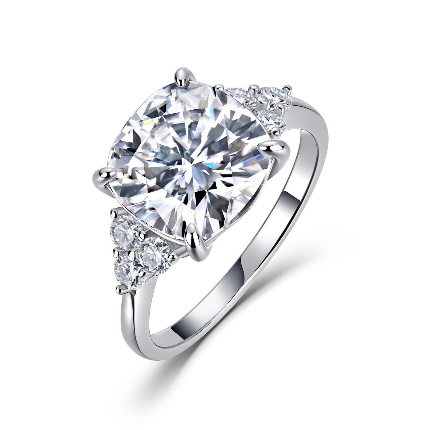5.4Ct Moissanite Cushion Cut Side Stone Love Promise Engagement Ring in Sterling Silver-Sterling Silver-lornajewelry