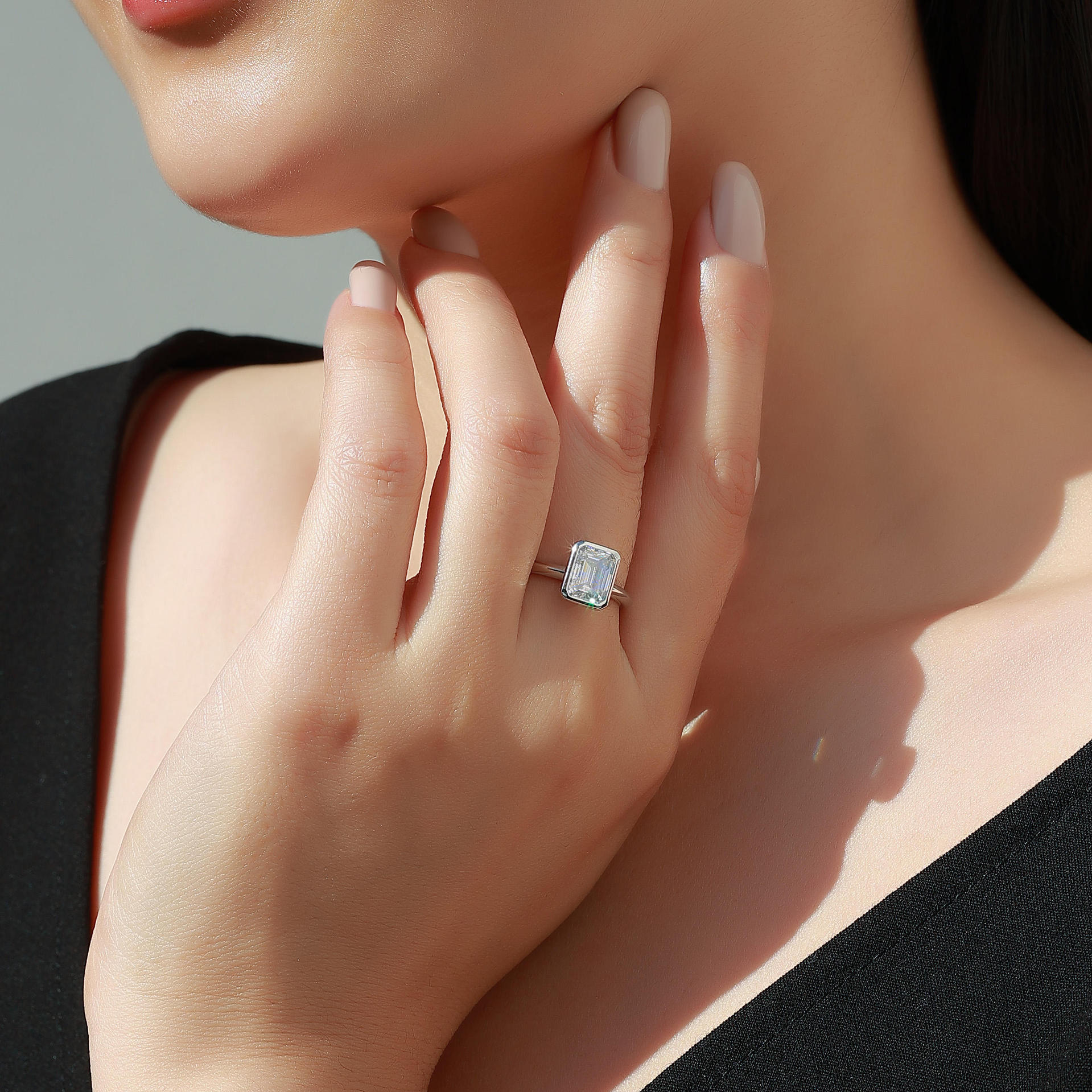 2Ct Moissanite Emerald Cut Bezel Engagement Ring in Sterling Silver-Sterling Silver-lornajewelry