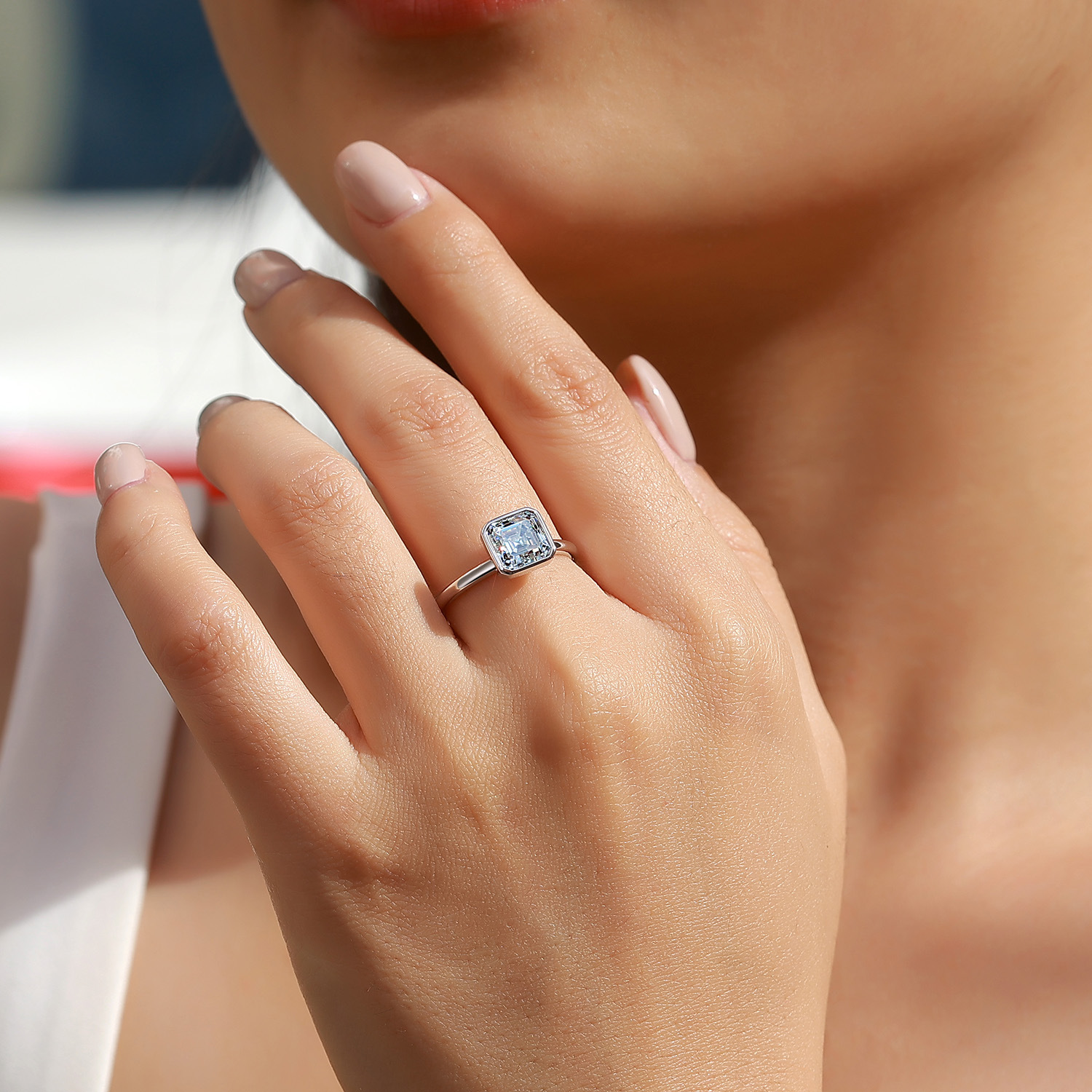 2.5Ct Moissanite Asscher Cut Bezel Setting Luxury Engagement Ring in Sterling Silver-Sterling Silver-lornajewelry