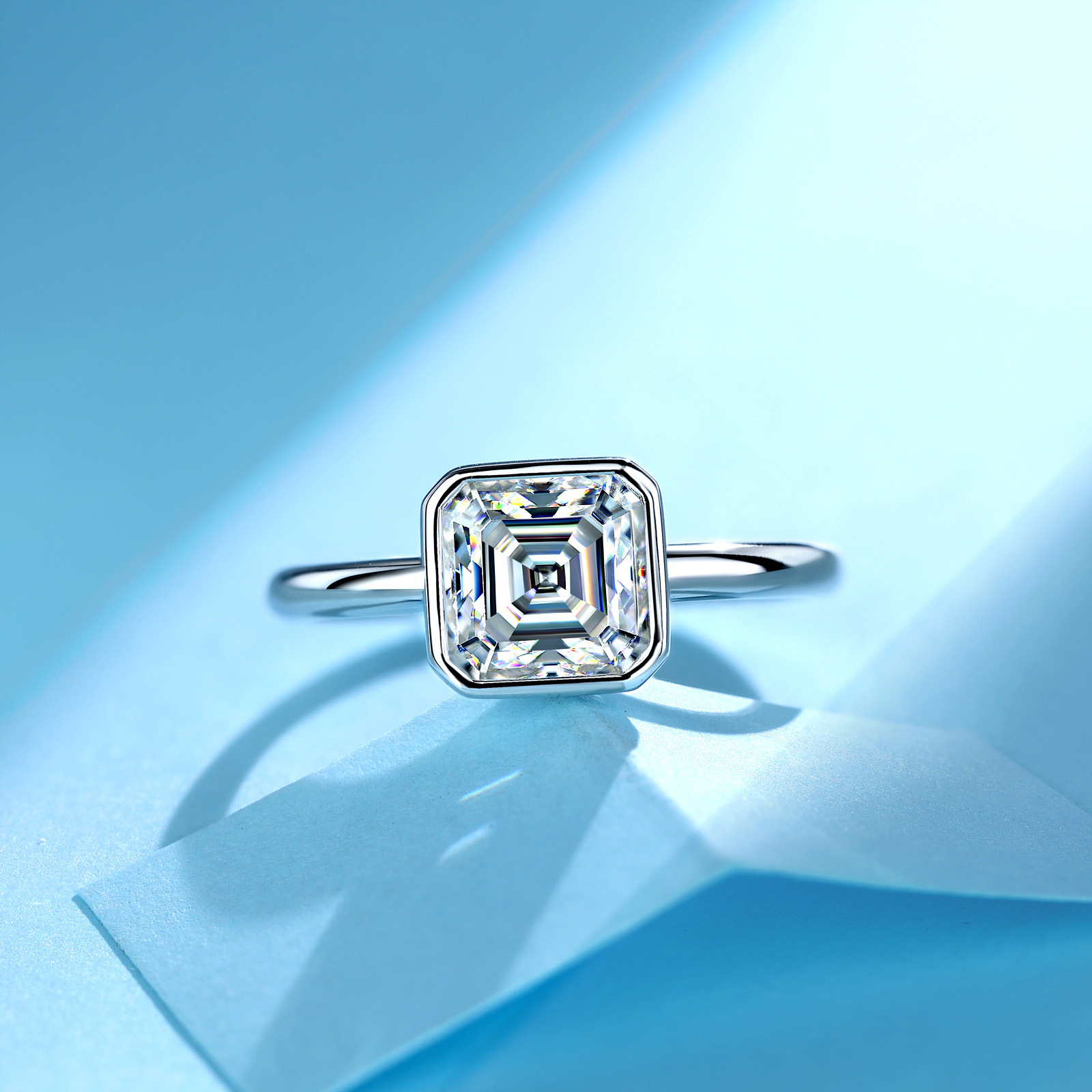 2.5Ct Moissanite Asscher Cut Bezel Setting Luxury Engagement Ring in Sterling Silver-Sterling Silver-lornajewelry