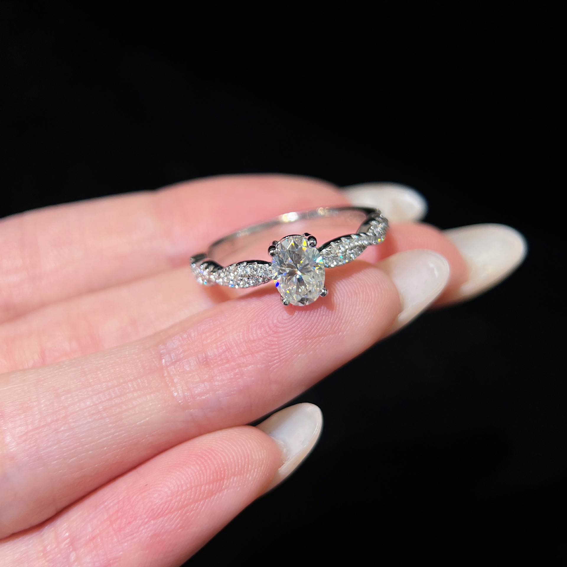 1Ct Moissanite Oval Cut Twist Fashion Design Engagement Ring in Sterling Silver-Sterling Silver-lornajewelry
