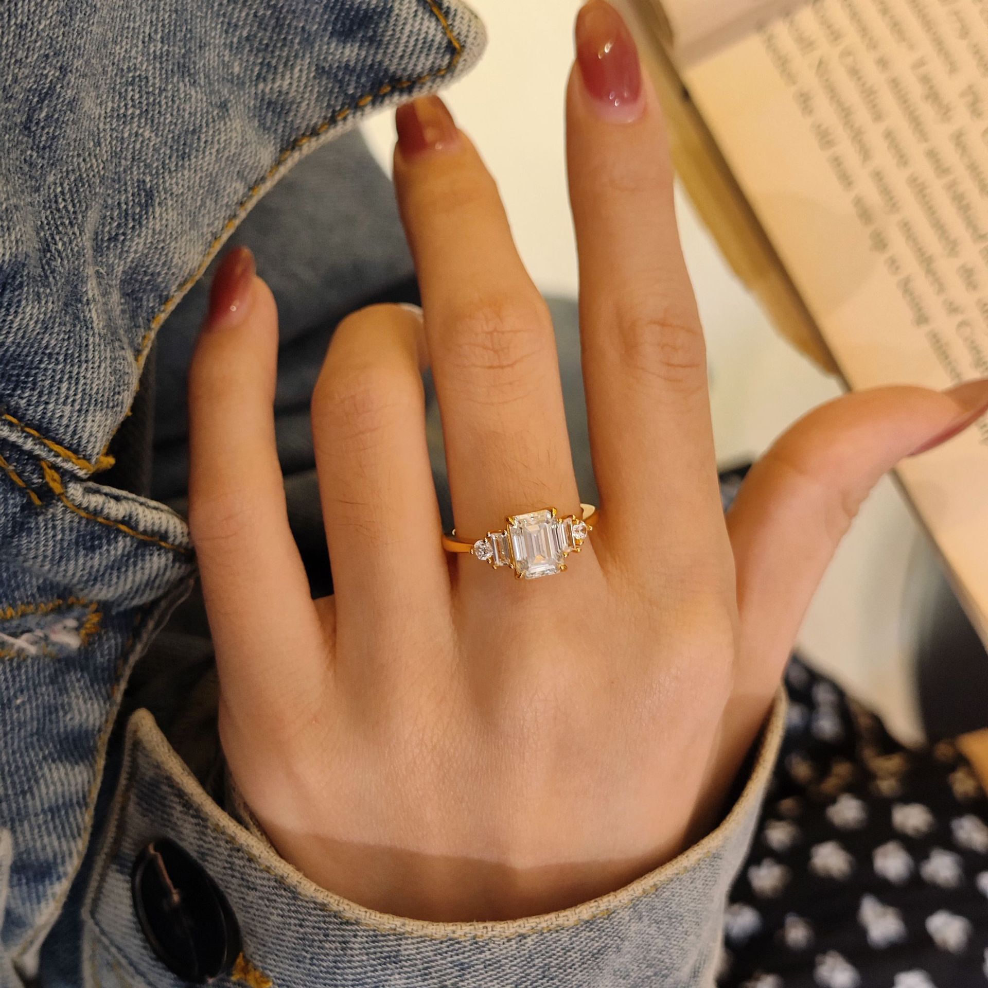 2Ct Moissanite Emerald Cut Side Stone Elegant Design Engagement Ring in Sterling Silver-Sterling Silver-lornajewelry