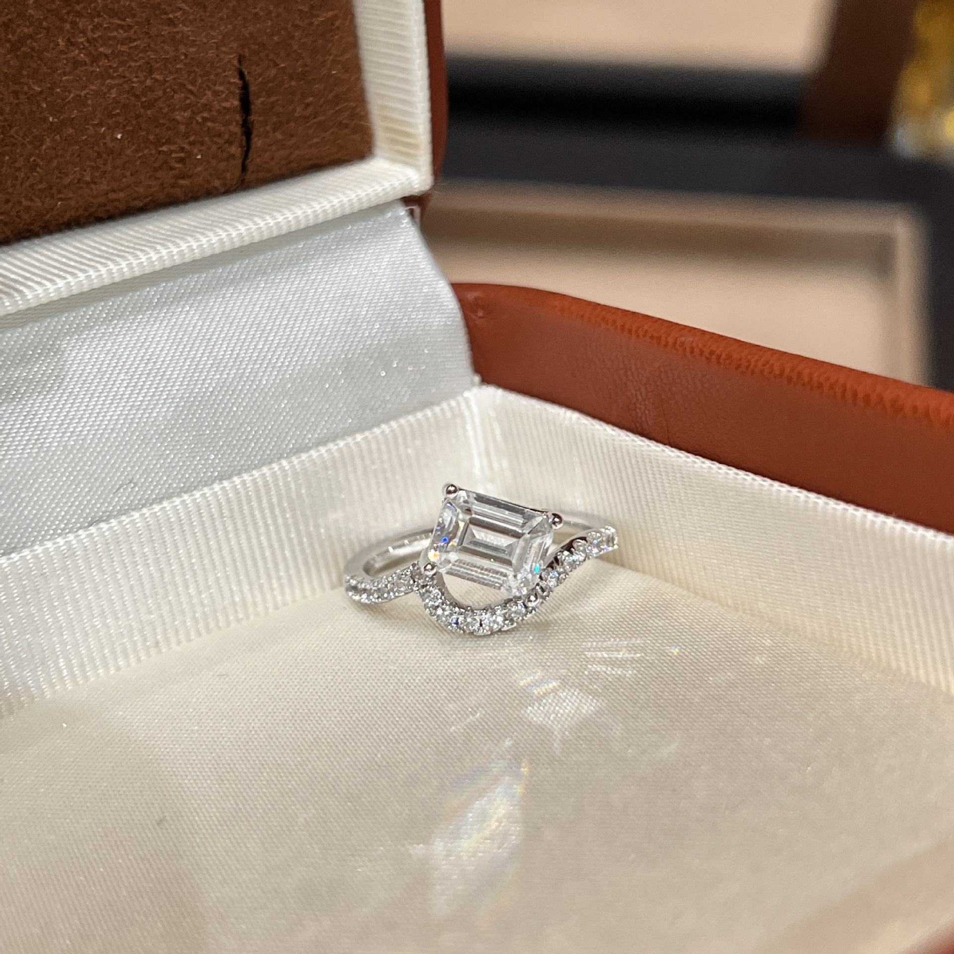 2Ct Moissanite Emerald Cut Pave Elegant Design Engagement Ring in Sterling Silver-Sterling Silver-lornajewelry