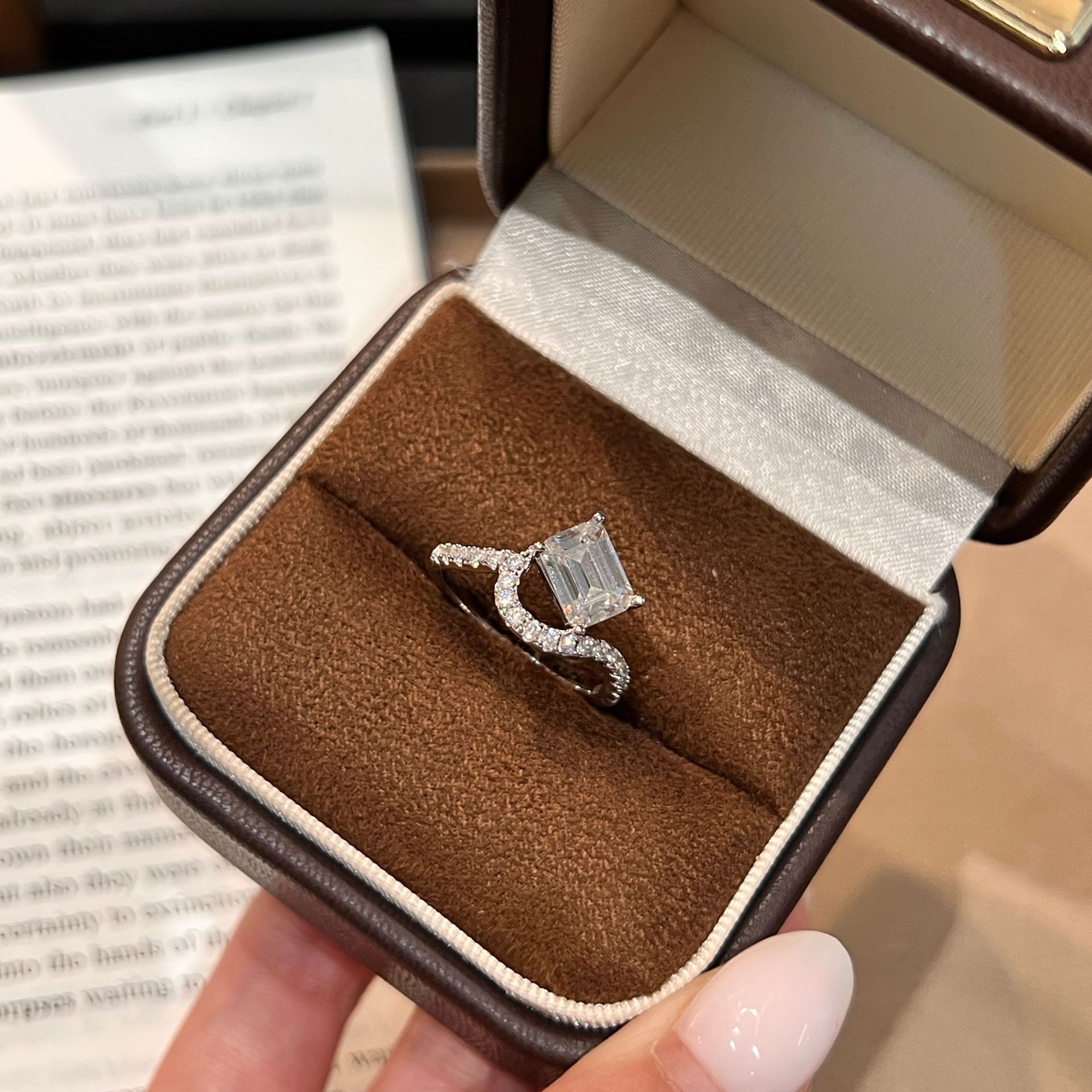 2Ct Moissanite Emerald Cut Pave Elegant Design Engagement Ring in Sterling Silver-Sterling Silver-lornajewelry