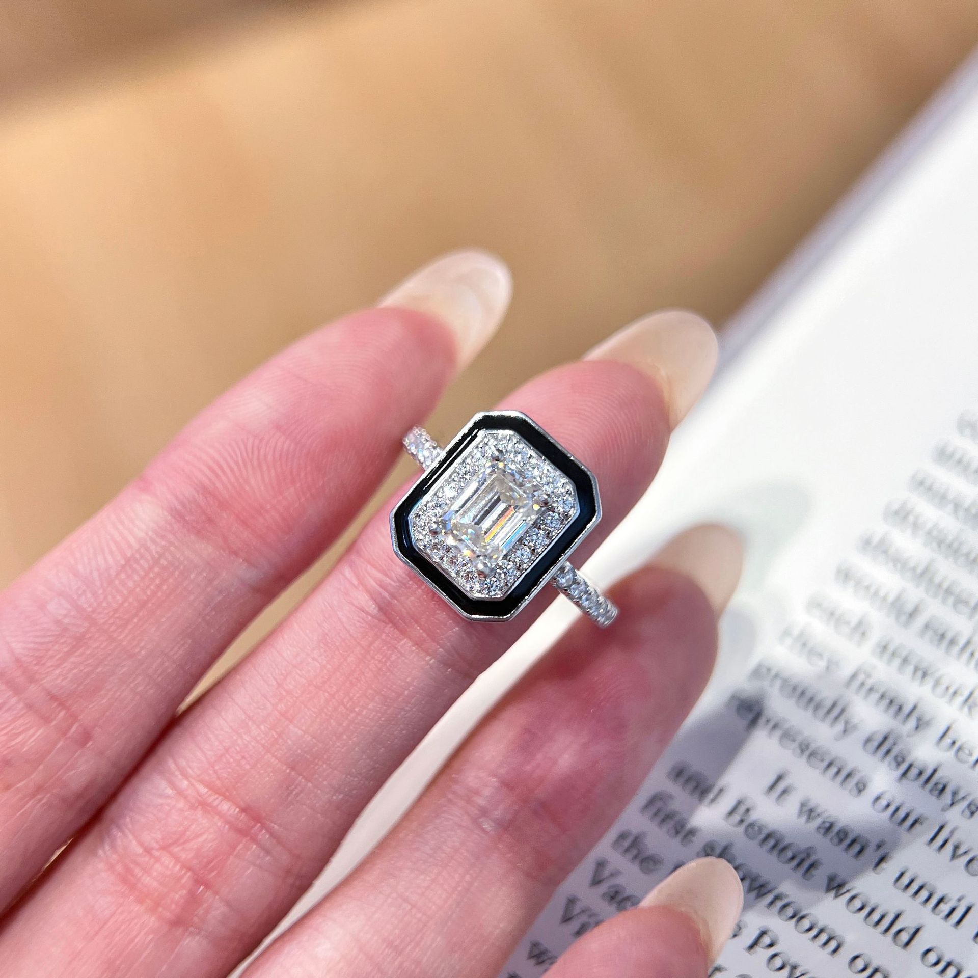 1Ct Moissanite Emerald Cut Bezel Black Enamel Border Fashion Design Engagement Ring in Sterling Silver-Sterling Silver-lornajewelry