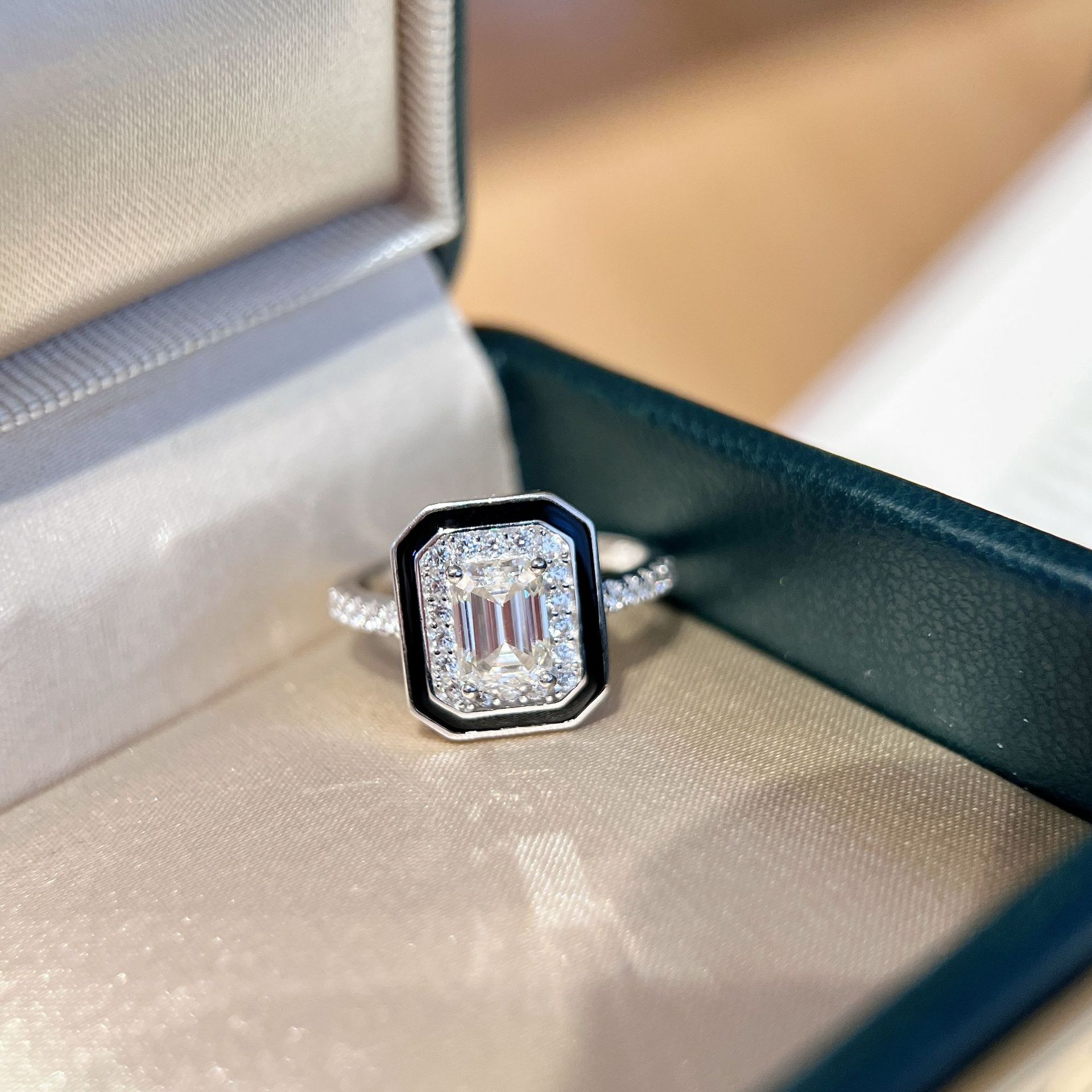 1Ct Moissanite Emerald Cut Bezel Black Enamel Border Fashion Design Engagement Ring in Sterling Silver-Sterling Silver-lornajewelry