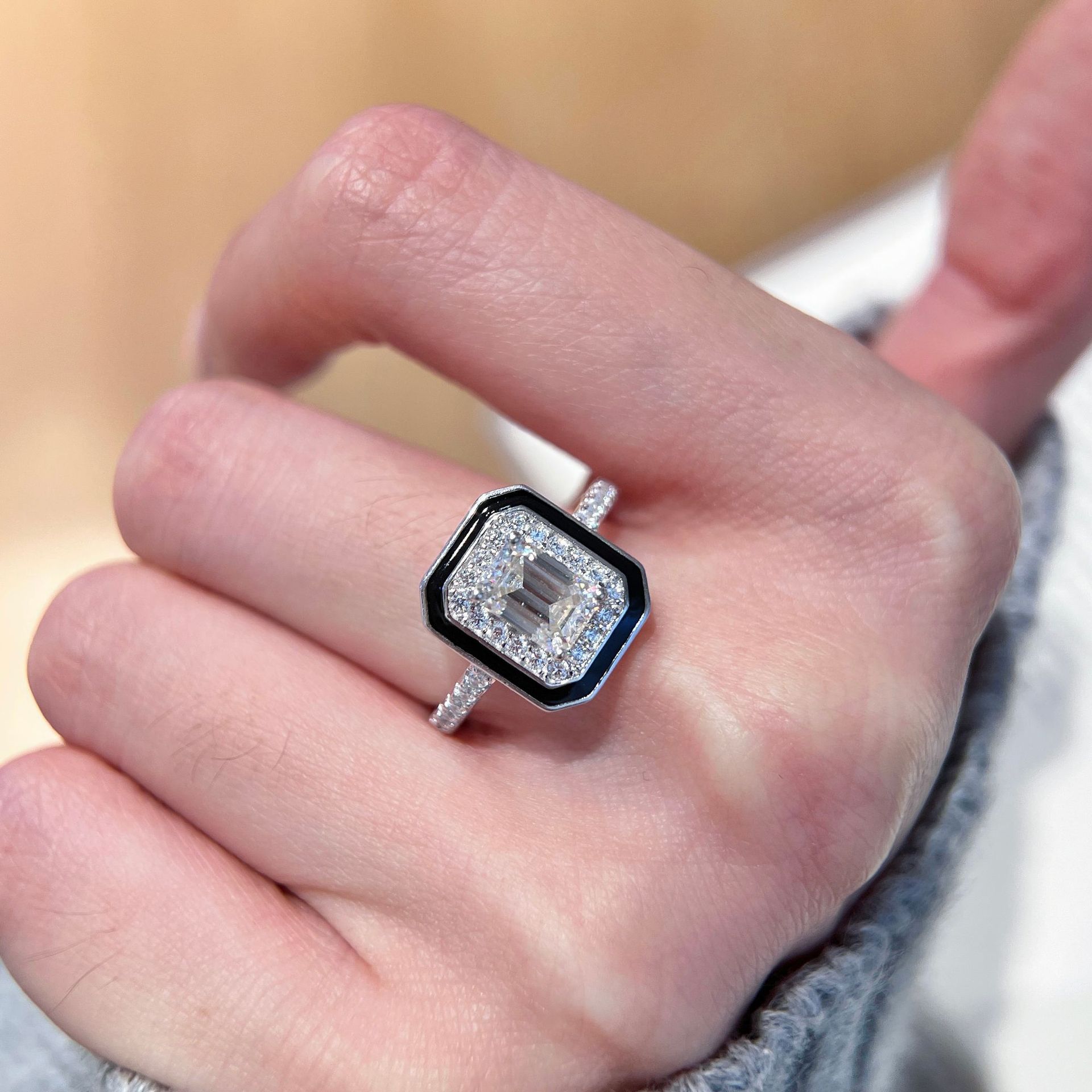 1Ct Moissanite Emerald Cut Bezel Black Enamel Border Fashion Design Engagement Ring in Sterling Silver-Sterling Silver-lornajewelry