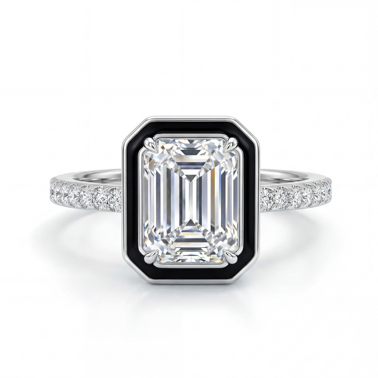 1Ct Moissanite Emerald Cut Bezel Black Enamel Border Fashion Design Engagement Ring in Sterling Silver-Sterling Silver-lornajewelry