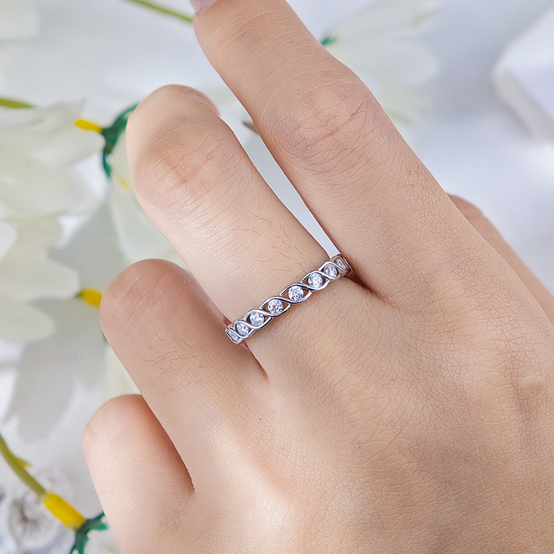 Moissanite Stunning Round Cut Twisted Pavé Eternity Women's Wedding Band In Sterling Silver-Sterling Silver-lornajewelry