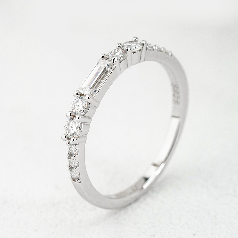 Moissanite Emerald & Round Cut Geometric Eternity Women's Wedding Band In Sterling Silver-Sterling Silver-lornajewelry