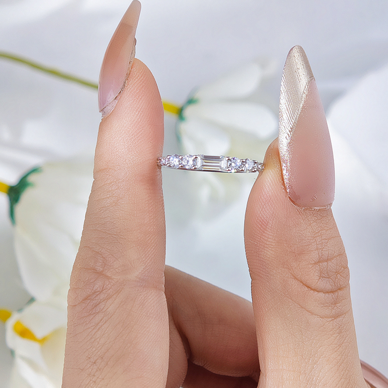 Moissanite Emerald & Round Cut Geometric Eternity Women's Wedding Band In Sterling Silver-Sterling Silver-lornajewelry
