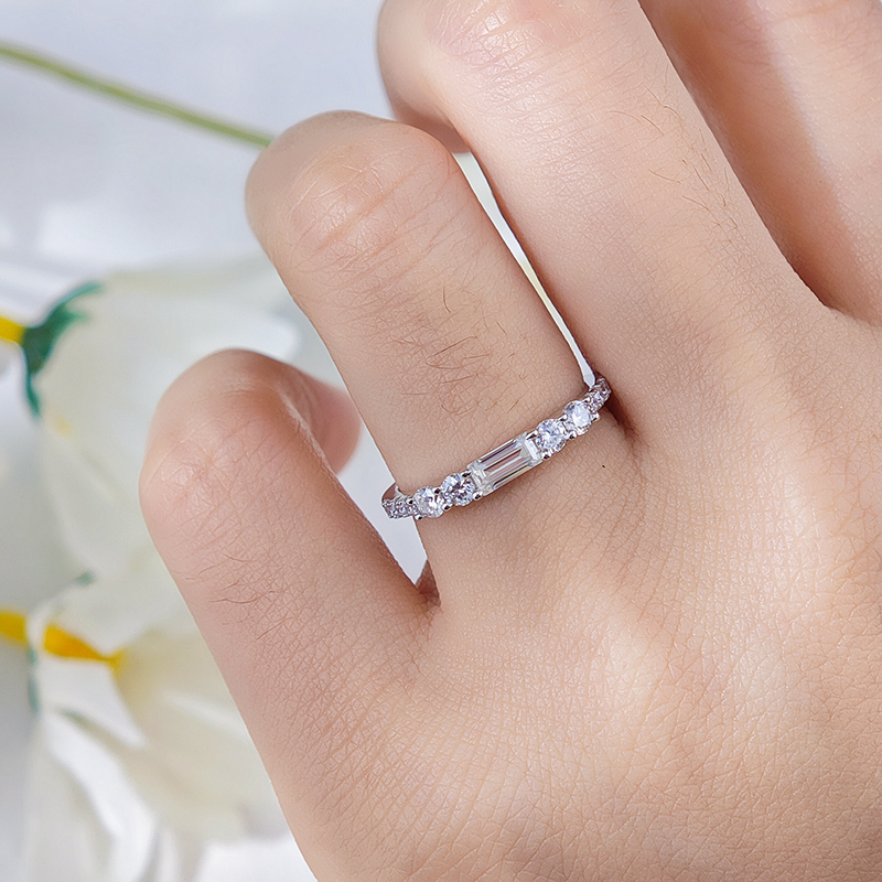 Moissanite Emerald & Round Cut Geometric Eternity Women's Wedding Band In Sterling Silver-Sterling Silver-lornajewelry