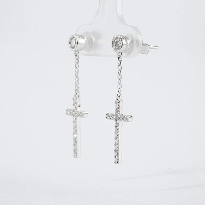 Moissanite Cross Design Stud Earrings in Sterling Silver-Sterling Silver-lornajewelry