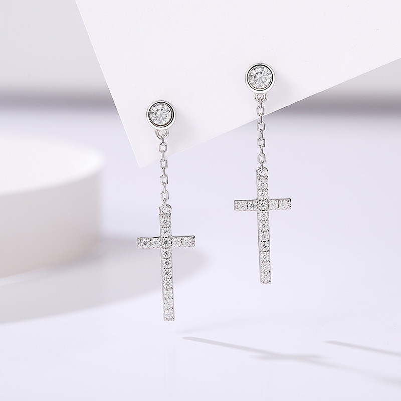 Moissanite Cross Design Stud Earrings in Sterling Silver-Sterling Silver-lornajewelry