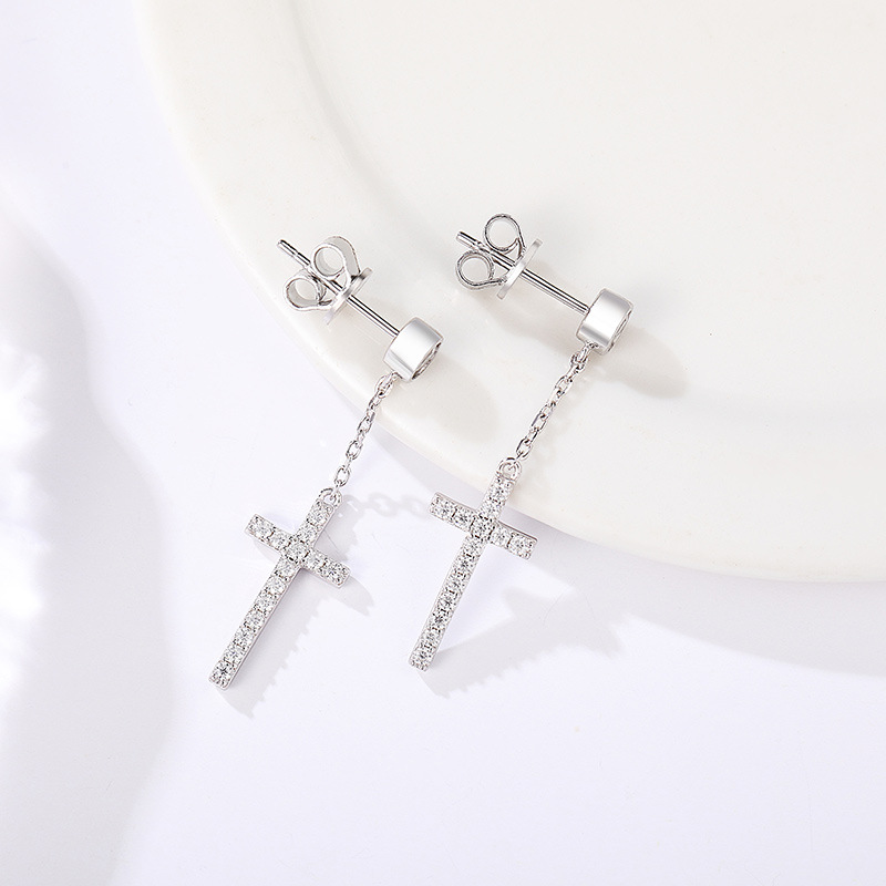 Moissanite Cross Design Stud Earrings in Sterling Silver-Sterling Silver-lornajewelry