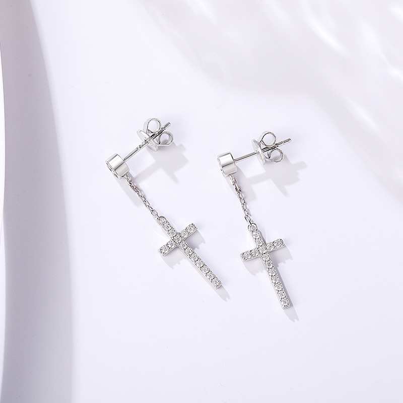 Moissanite Cross Design Stud Earrings in Sterling Silver-Sterling Silver-lornajewelry