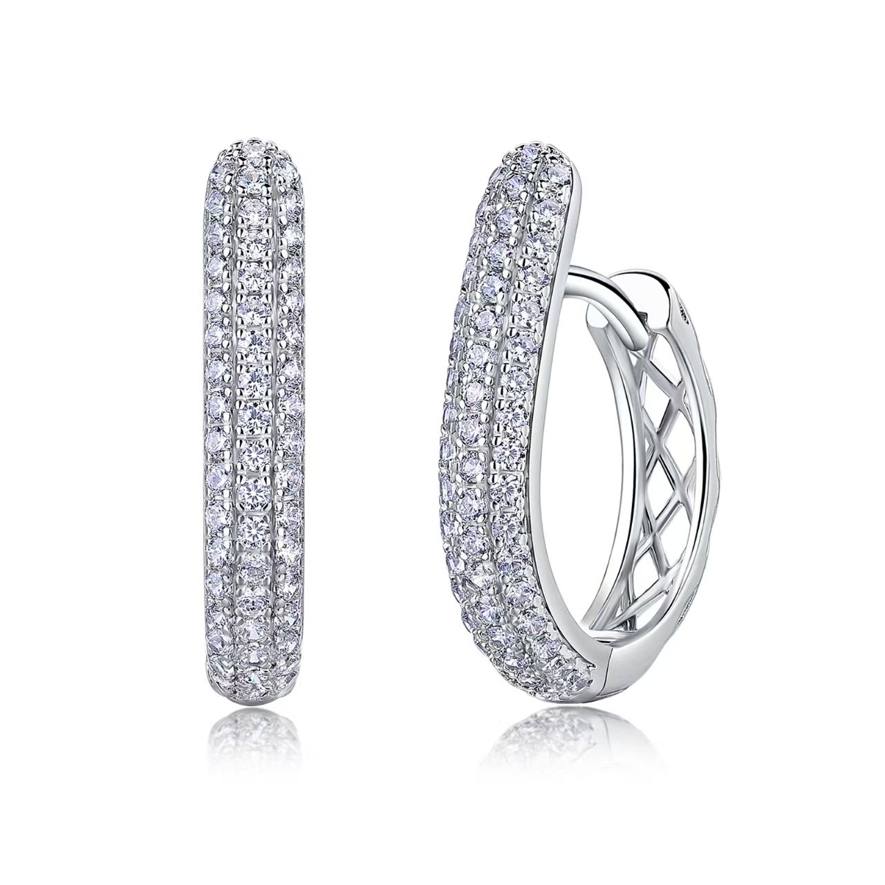 Moissanite Triple Row U Shaped Hoop Earrings in Sterling Silver-Sterling Silver-lornajewelry
