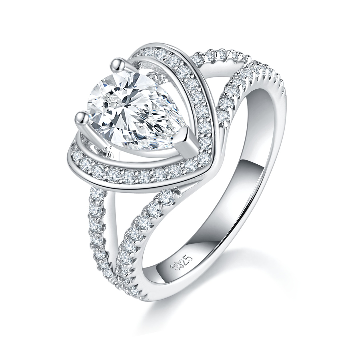 1Ct Moissanite Pear Cut Split Shank Elegant Design Engagement Ring in Sterling Silver-Sterling Silver-lornajewelry