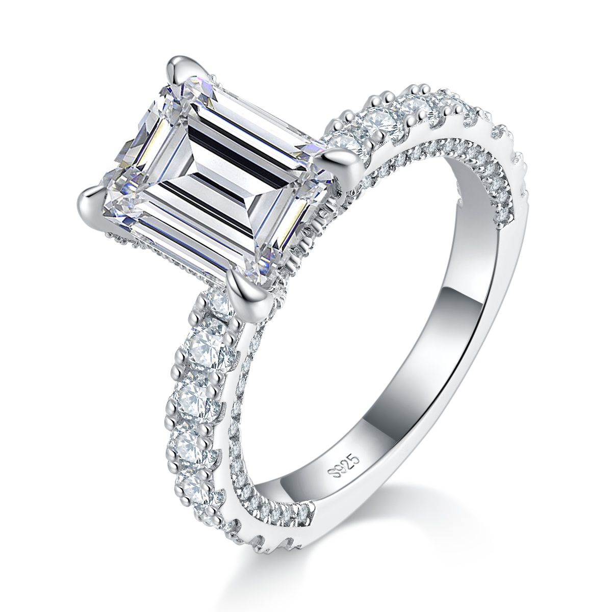 4Ct Moissanite Emerald Cut Pave Sophisticated Design Engagement Ring in Sterling Silver-Sterling Silver-lornajewelry