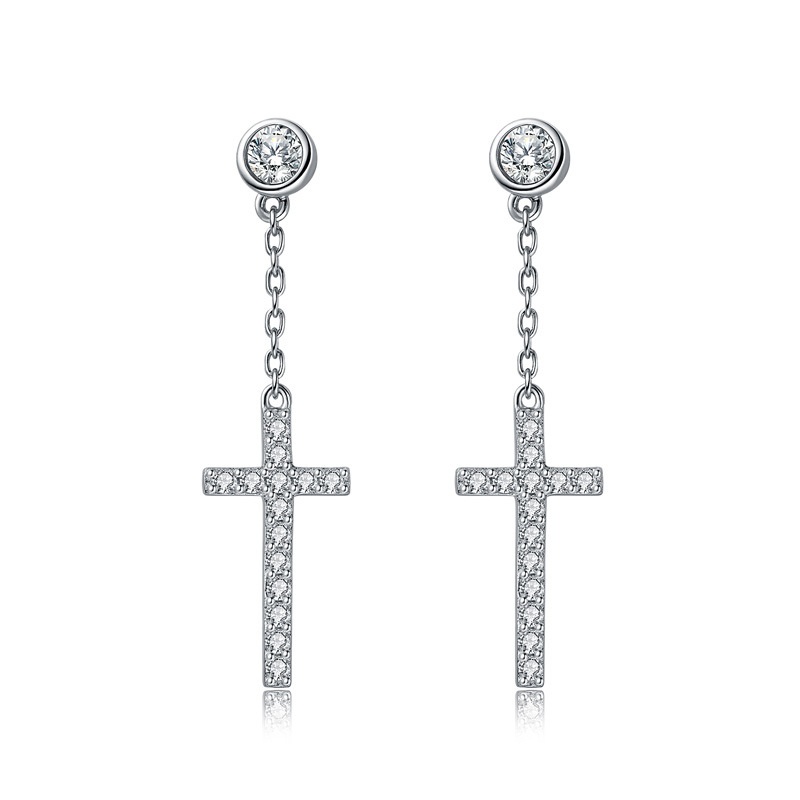 Moissanite Cross Design Stud Earrings in Sterling Silver-Sterling Silver-lornajewelry