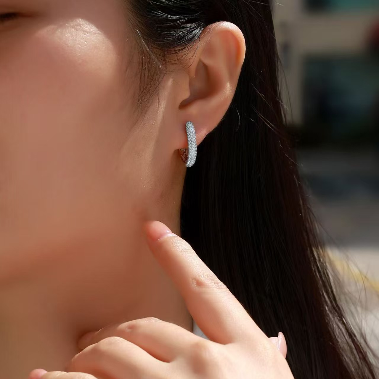 Moissanite Triple Row U Shaped Hoop Earrings in Sterling Silver-Sterling Silver-lornajewelry