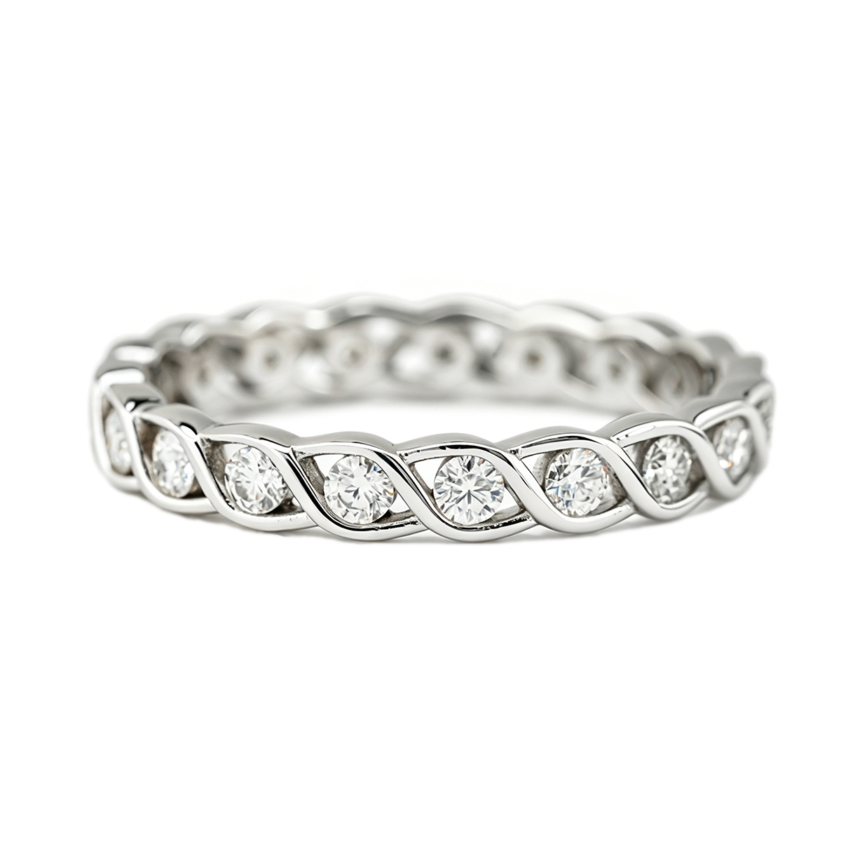 Moissanite Stunning Round Cut Twisted Pavé Eternity Women's Wedding Band In Sterling Silver-Sterling Silver-lornajewelry