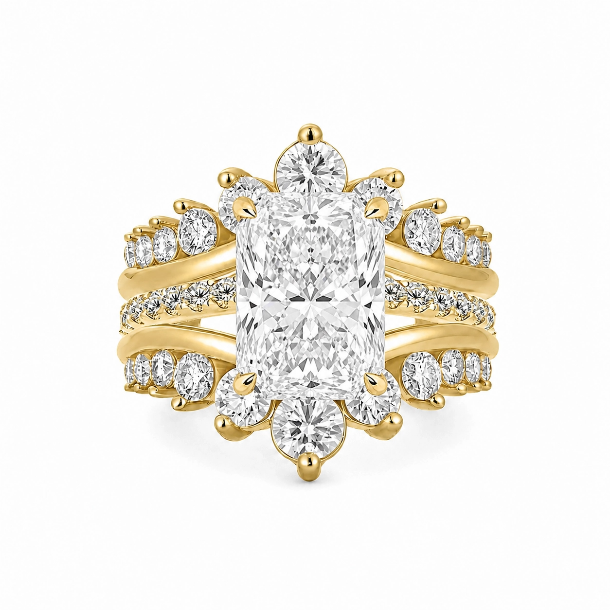 Luna Moissanite 4.0 Ct Round Cut Insert 2-Pc Wedding Ring Set In Sterling Silver with Crown Shaped Ring Enhancer