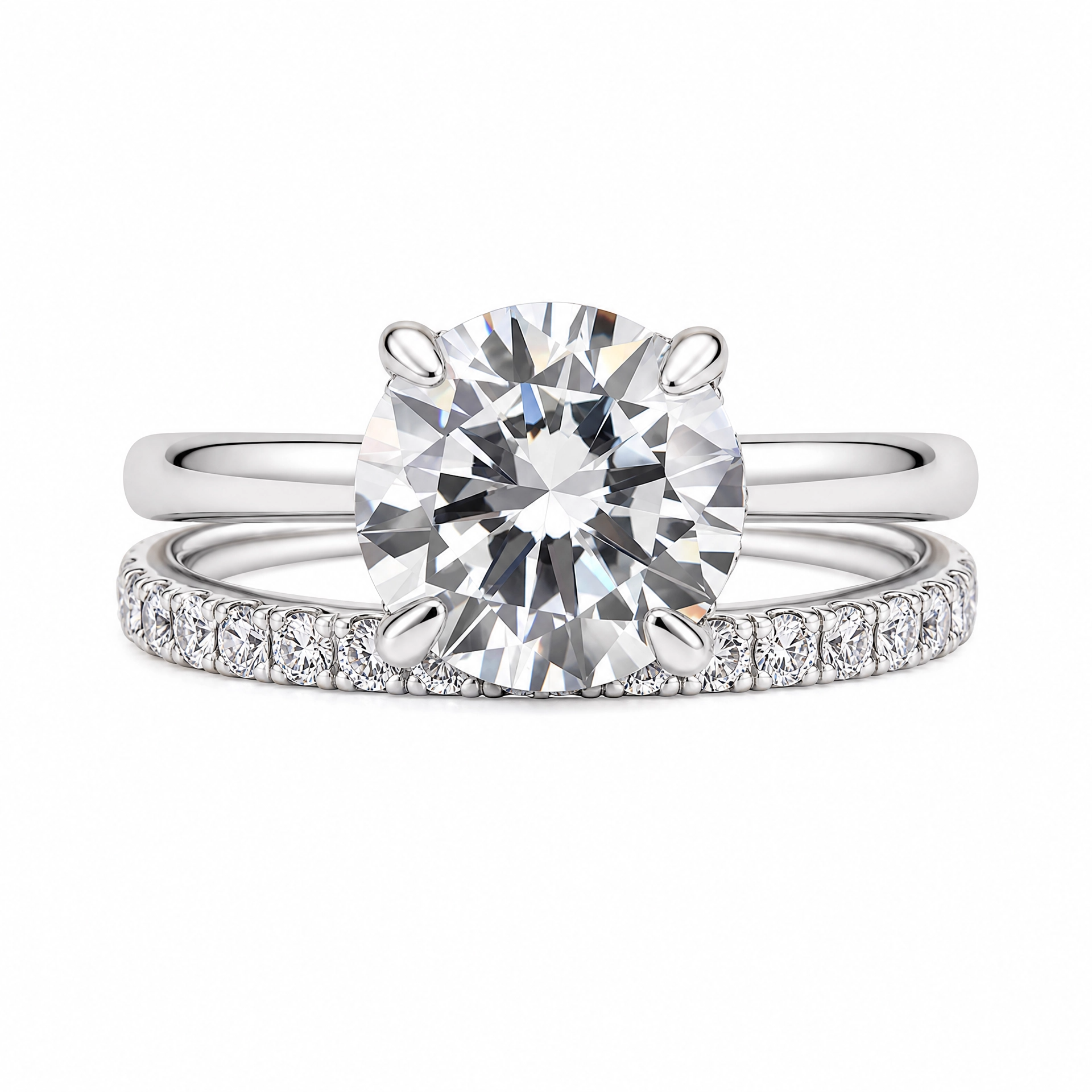 Luna Moissanite 2.0 Ct Round Cut Classic 2-Pc Wedding Ring Set In Sterling Silver
