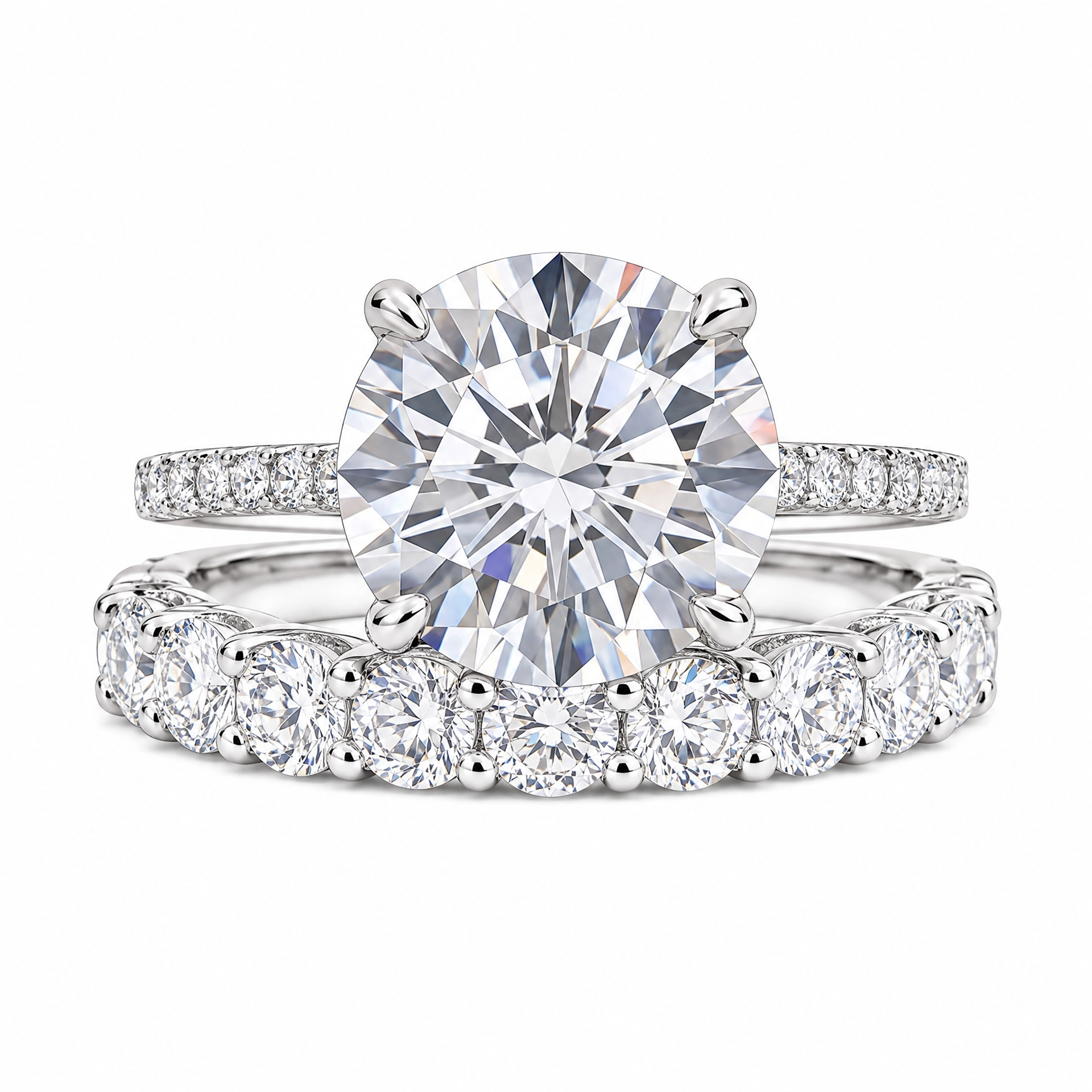 Luna Moissanite 4.0 Ct Round Cut 2-Pc Wedding Ring Set In Sterling Silver