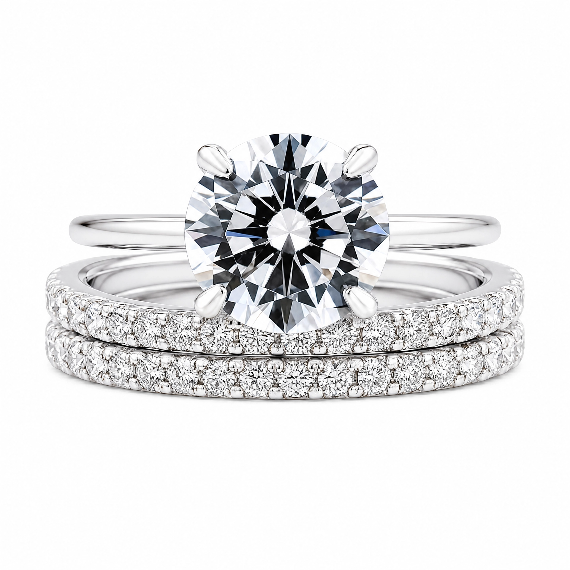Luna Moissanite 2.0 Ct Round Cut Classic 3-Pc Wedding Ring Set In Sterling Silver