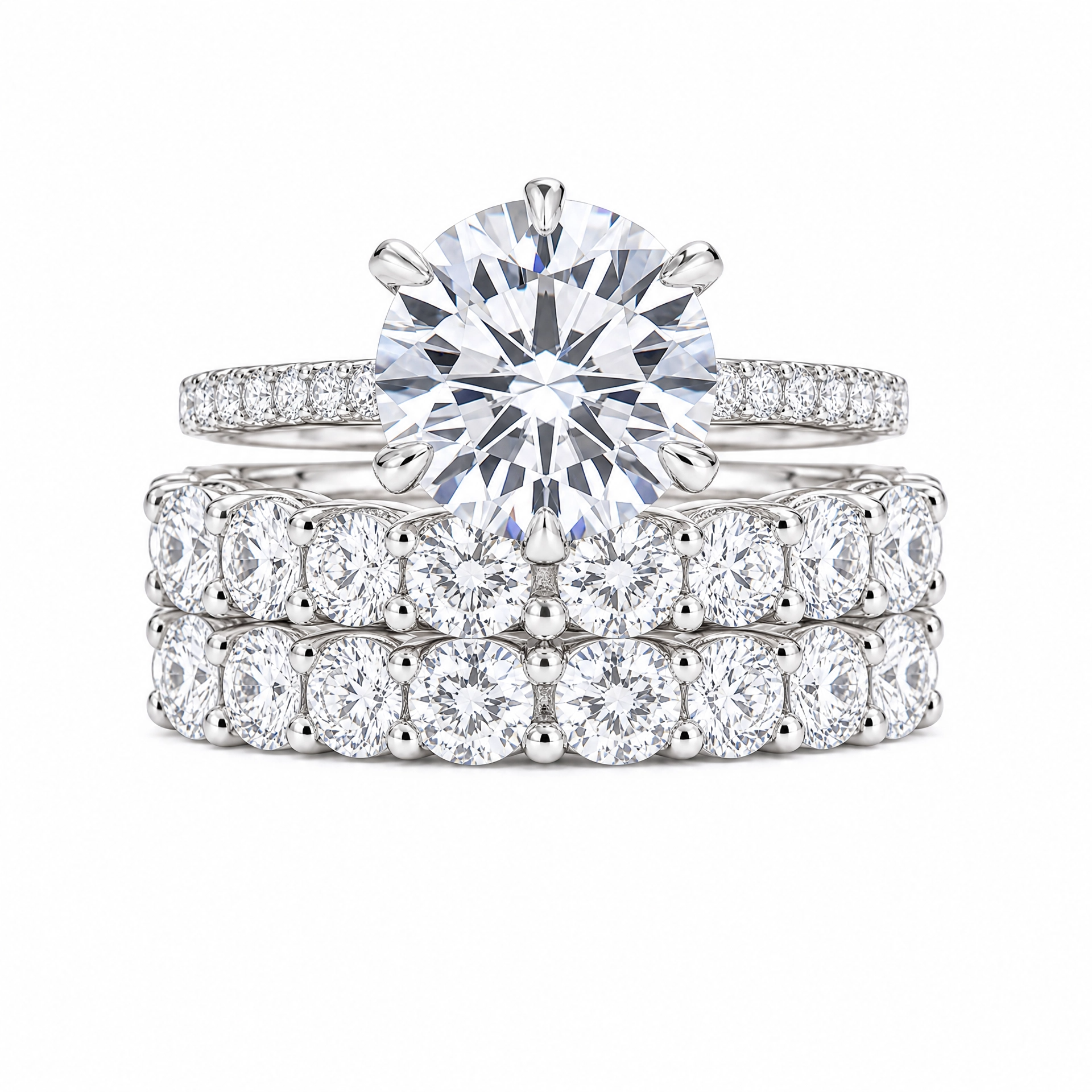Luna Moissanite 2.0 Ct Round Cut 3-Pc Wedding Ring Set In Sterling Silver