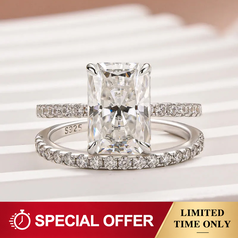 Moissanite 2.0 Ct ～ 4.0 Ct Radiant Cut Classic 2-Pc Wedding Ring Set In Sterling Silver